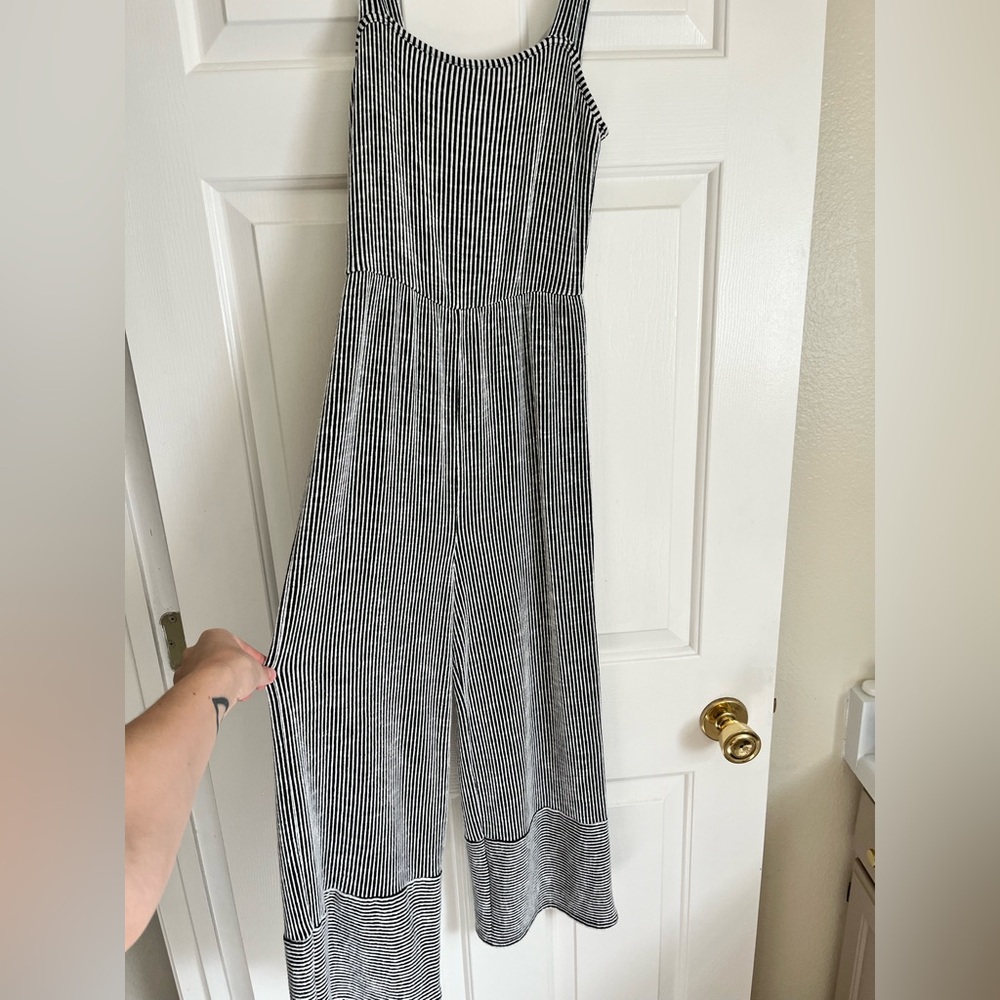 Navy/white striped jumpsuit